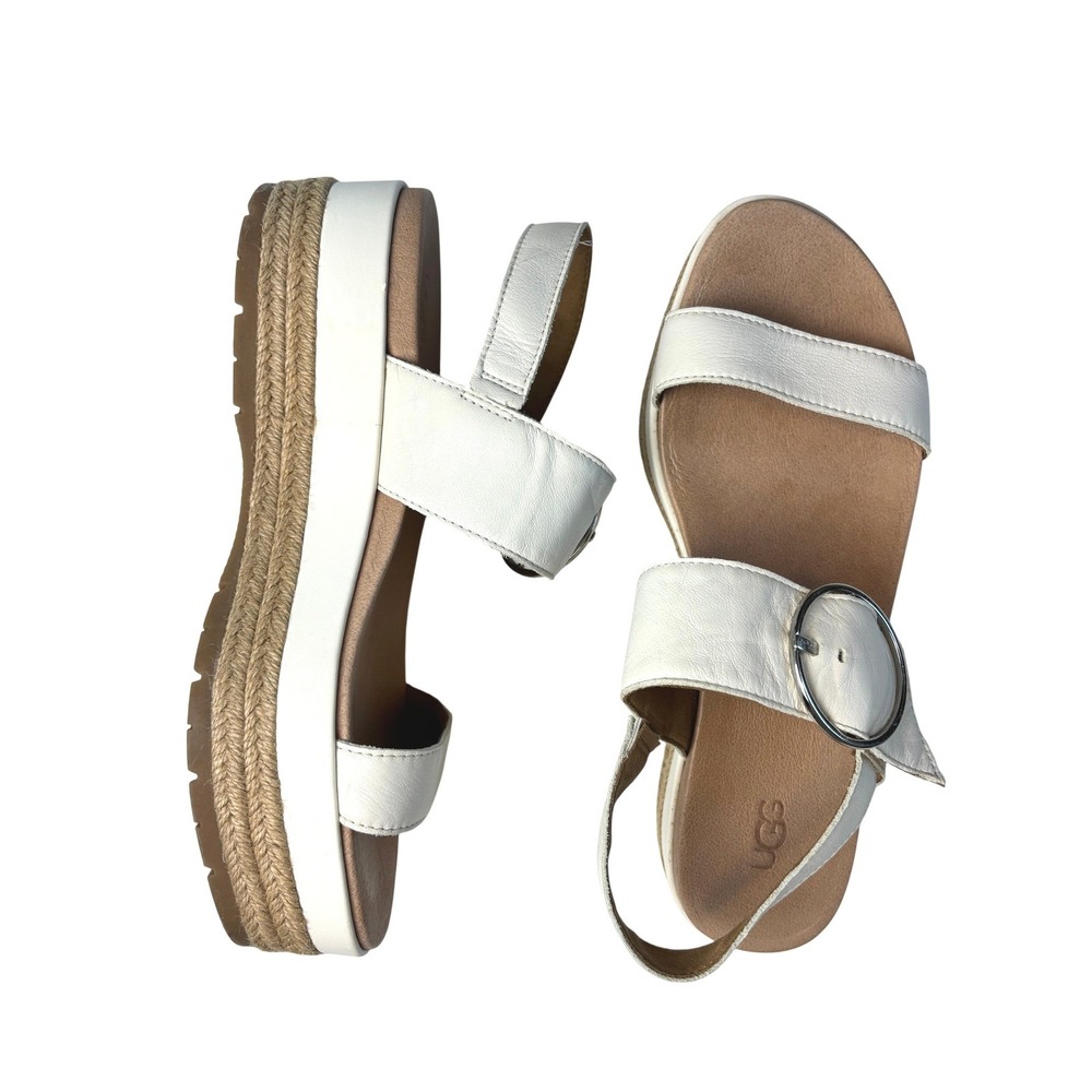 UGG April Platform Sandals Off-White Leather Womens 10 41 Espadrille Buckle
